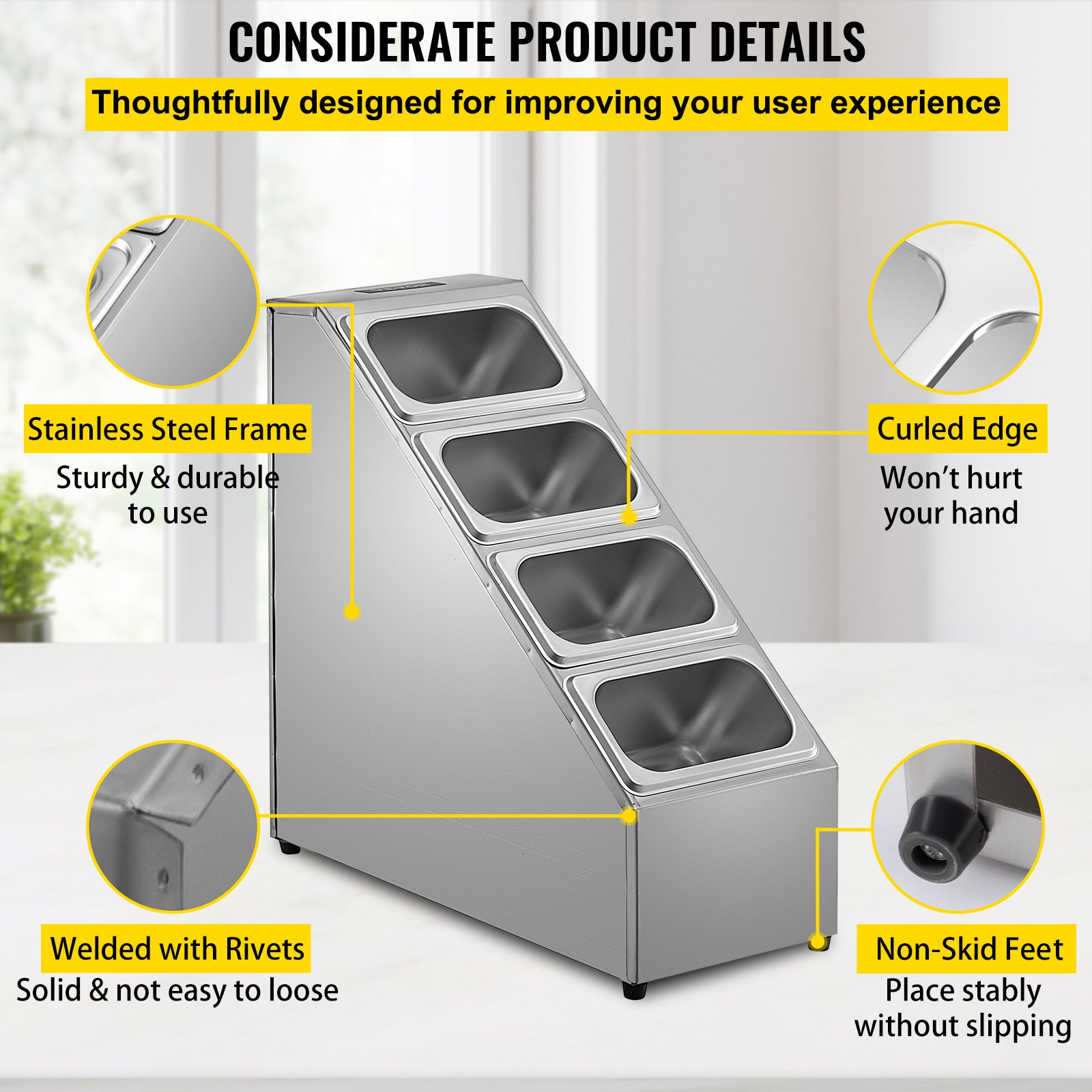 Estante para especias VEVOR, cuatro filas, soporte organizador de acero inoxidable con cuatro sartenes de 1/9 y cuatro cucharones, soporte inclinado para encimera para condimentar salsa, mermelada, ingredientes de frutas, para uso en despensa de cocina