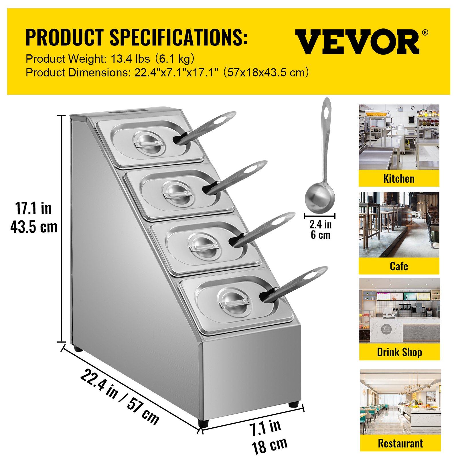 Estante para especias VEVOR, cuatro filas, soporte organizador de acero inoxidable con cuatro sartenes de 1/9 y cuatro cucharones, soporte inclinado para encimera para condimentar salsa, mermelada, ingredientes de frutas, para uso en despensa de cocina