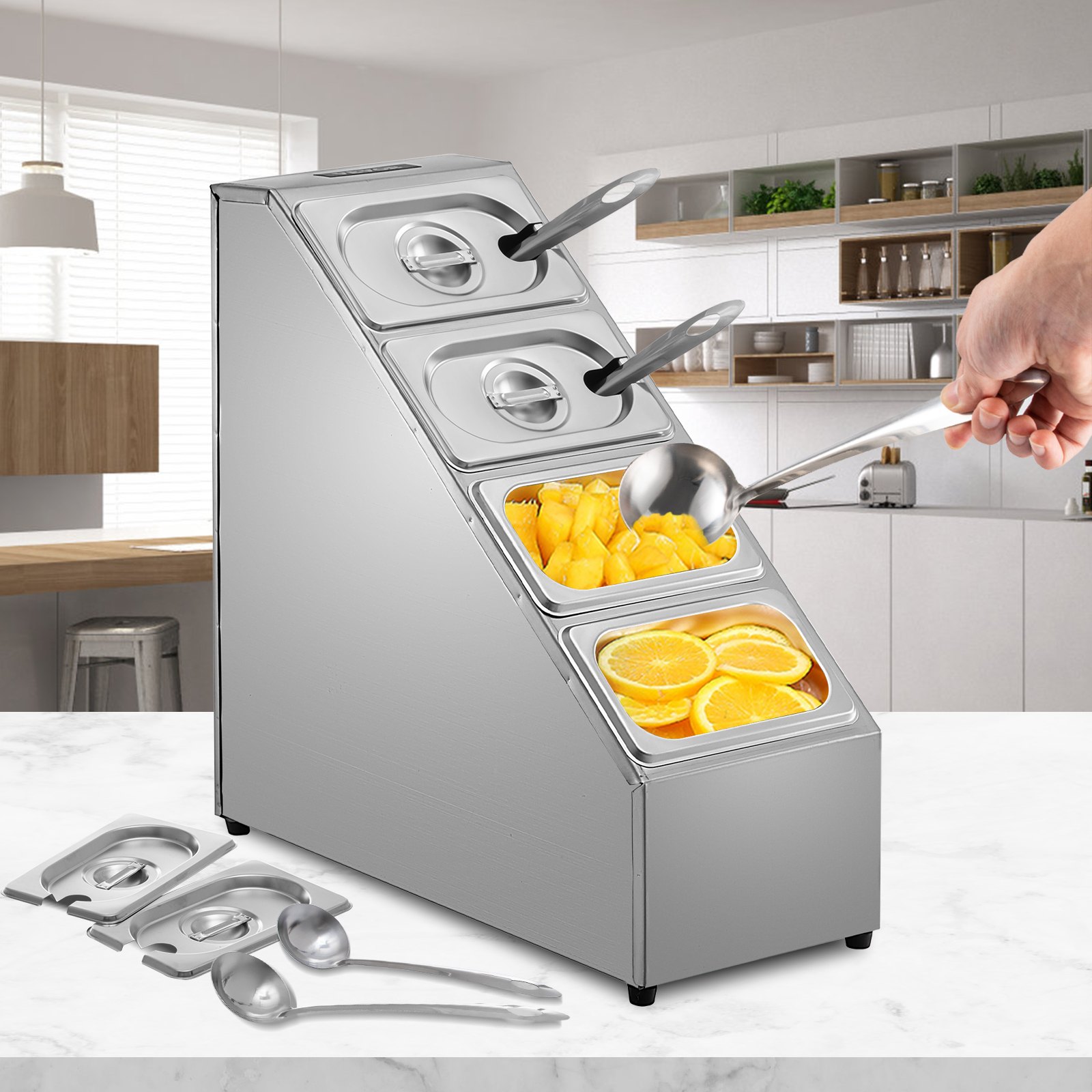 Estante para especias VEVOR, cuatro filas, soporte organizador de acero inoxidable con cuatro sartenes de 1/9 y cuatro cucharones, soporte inclinado para encimera para condimentar salsa, mermelada, ingredientes de frutas, para uso en despensa de cocina