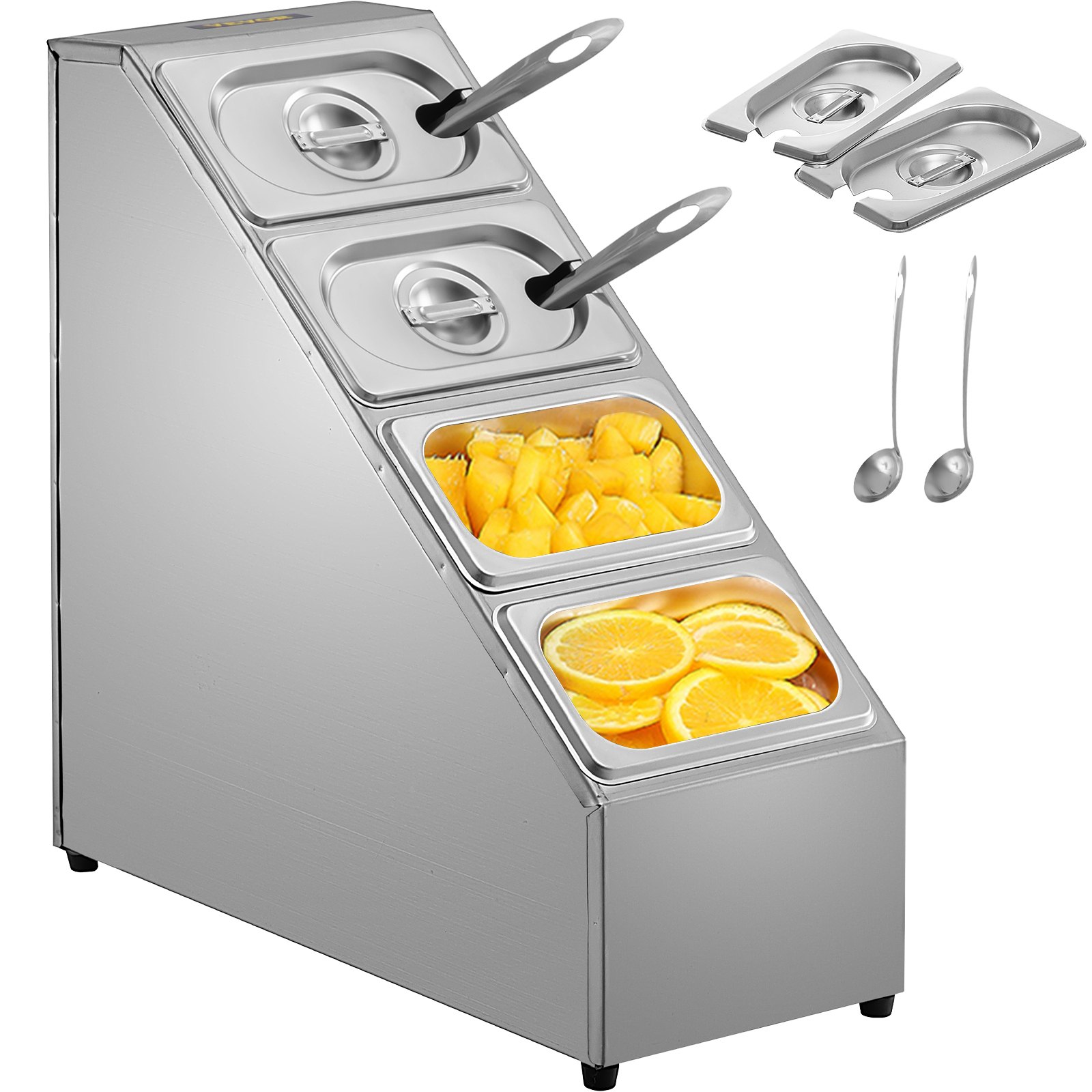 Estante para especias VEVOR, cuatro filas, soporte organizador de acero inoxidable con cuatro sartenes de 1/9 y cuatro cucharones, soporte inclinado para encimera para condimentar salsa, mermelada, ingredientes de frutas, para uso en despensa de cocina