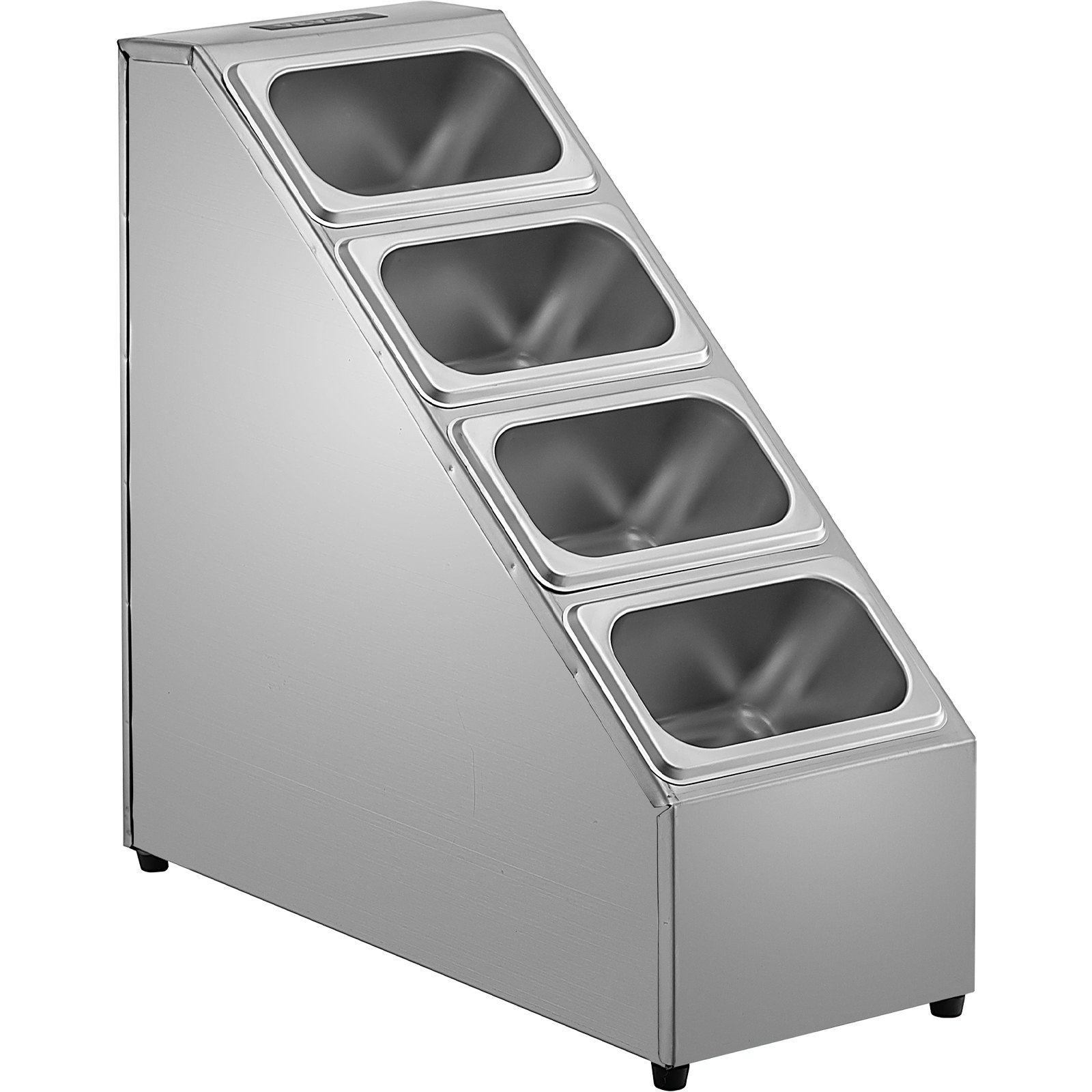 Estante para especias VEVOR, cuatro filas, soporte organizador de acero inoxidable con cuatro sartenes de 1/9 y cuatro cucharones, soporte inclinado para encimera para condimentar salsa, mermelada, ingredientes de frutas, para uso en despensa de cocina