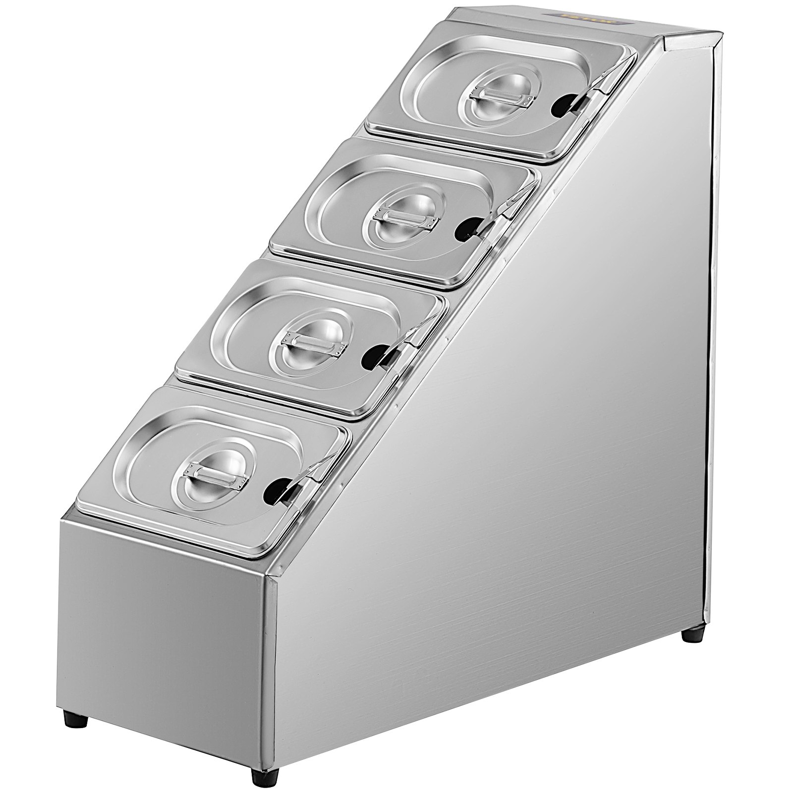 Estante para especias VEVOR, cuatro filas, soporte organizador de acero inoxidable con cuatro sartenes de 1/9 y cuatro cucharones, soporte inclinado para encimera para condimentar salsa, mermelada, ingredientes de frutas, para uso en despensa de cocina