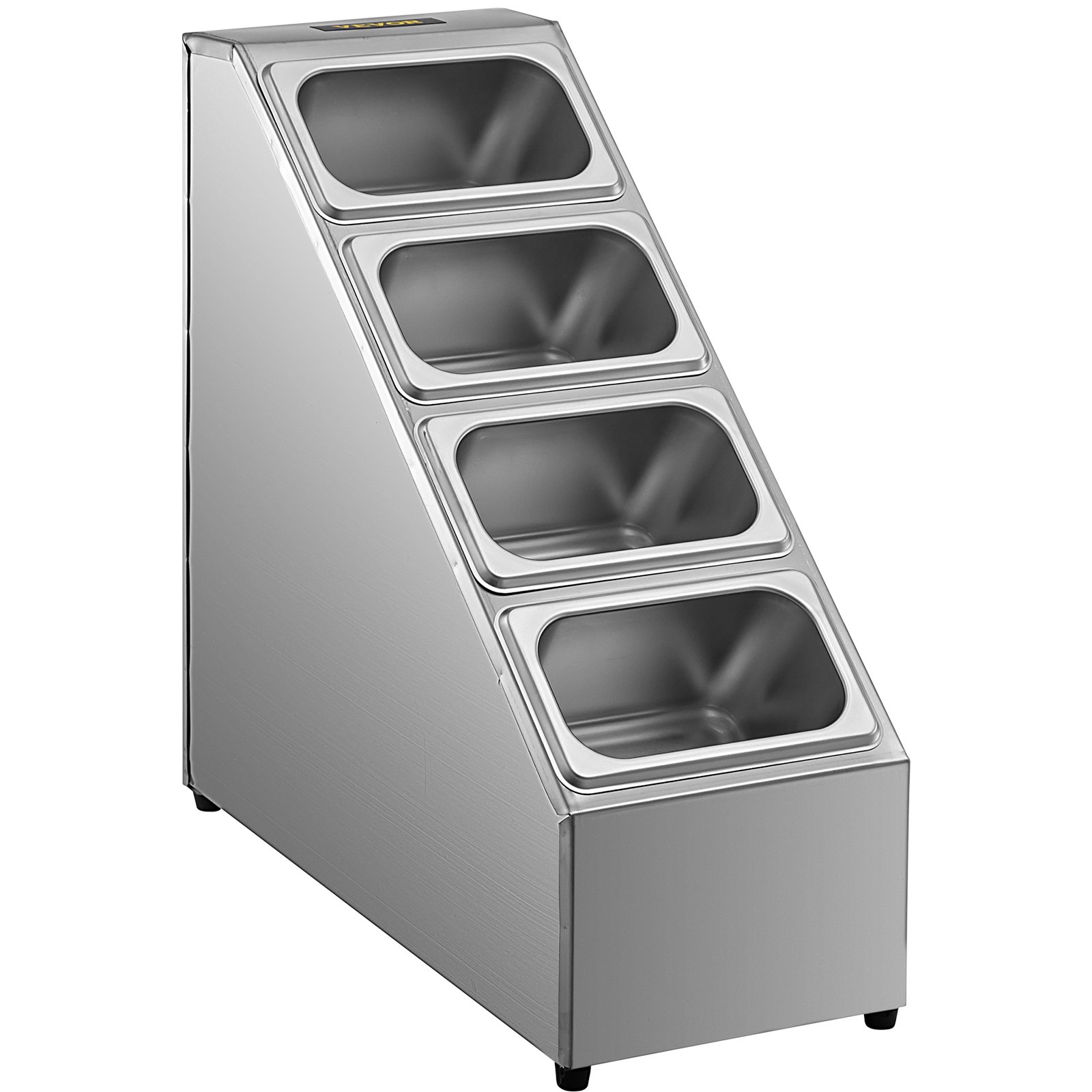 Estante para especias VEVOR, cuatro filas, soporte organizador de acero inoxidable con cuatro sartenes de 1/9 y cuatro cucharones, soporte inclinado para encimera para condimentar salsa, mermelada, ingredientes de frutas, para uso en despensa de cocina