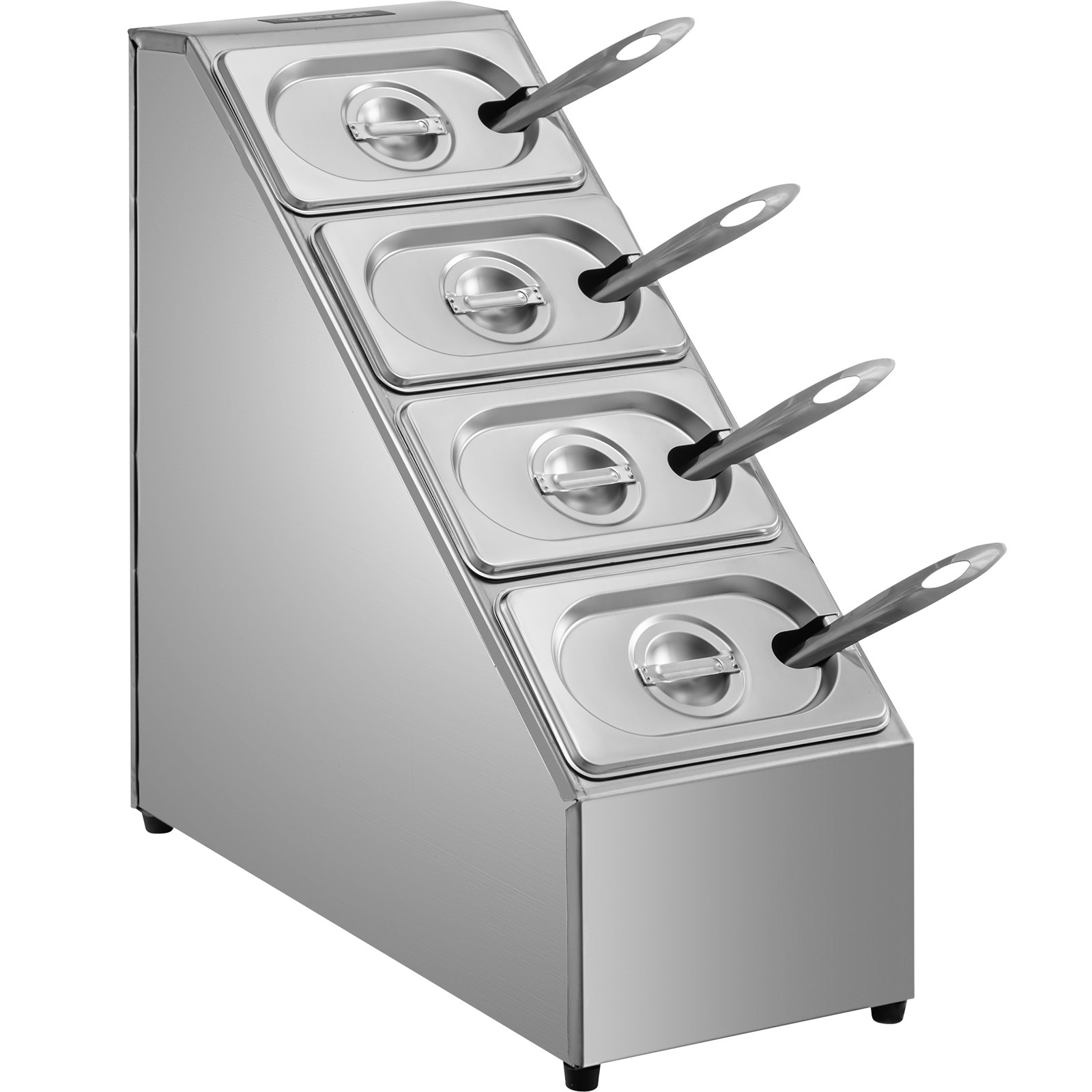 Estante para especias VEVOR, cuatro filas, soporte organizador de acero inoxidable con cuatro sartenes de 1/9 y cuatro cucharones, soporte inclinado para encimera para condimentar salsa, mermelada, ingredientes de frutas, para uso en despensa de cocina