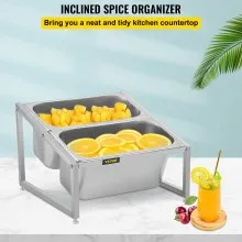 VEVOR Especiero extensible, 13.8"-23.6" ajustable, estante organizador de acero inoxidable de 2 niveles con 2 1/3 sartenes y 2 cucharones, soporte inclinado para encimera para ingredientes de salsa, frutas, para uso en la cocina