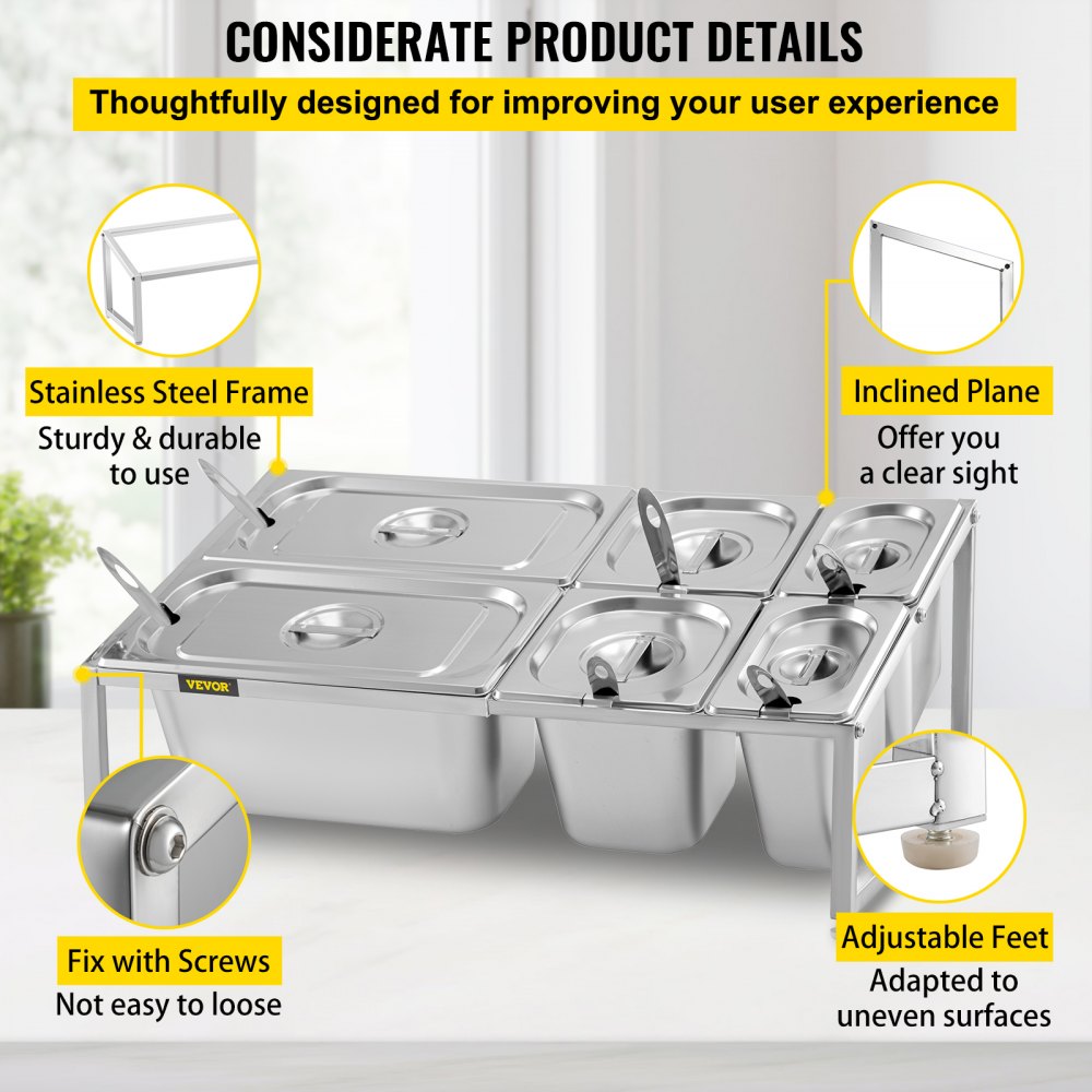 VEVOR Especiero extensible, 13.8"-23.6" ajustable, estante organizador de acero inoxidable de 2 niveles con 2 1/9 sartenes 2 1/6 sartenes 2 1/3 sartenes 6 cucharones, soporte inclinado para encimera para ingredientes de salsa frutas