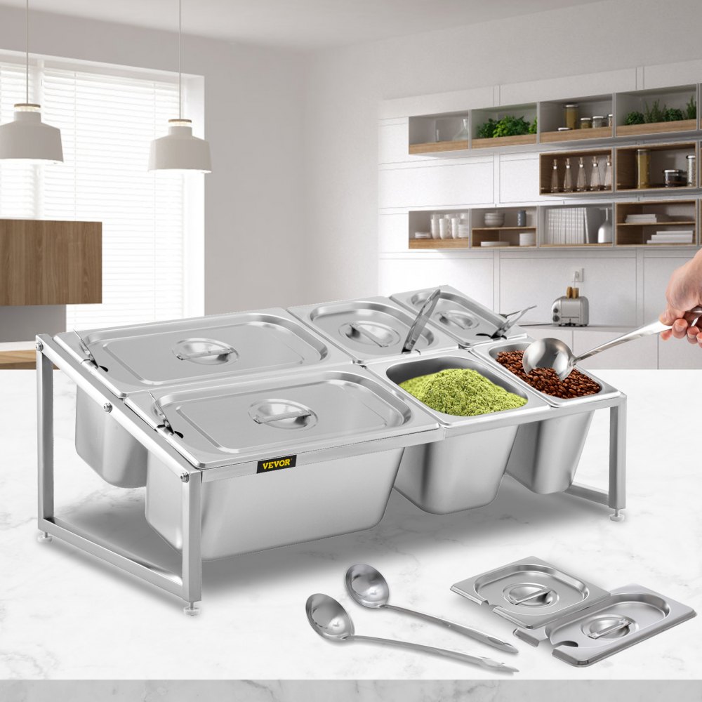 VEVOR Especiero extensible, 13.8"-23.6" ajustable, estante organizador de acero inoxidable de 2 niveles con 2 1/9 sartenes 2 1/6 sartenes 2 1/3 sartenes 6 cucharones, soporte inclinado para encimera para ingredientes de salsa frutas