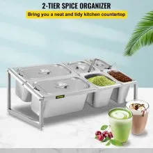 VEVOR Especiero extensible, 13.8"-23.6" ajustable, estante organizador de acero inoxidable de 2 niveles con 2 1/9 sartenes 2 1/6 sartenes 2 1/3 sartenes 6 cucharones, soporte inclinado para encimera para ingredientes de salsa frutas
