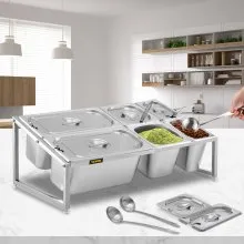 VEVOR Especiero extensible, 13.8"-23.6" ajustable, estante organizador de acero inoxidable de 2 niveles con 2 1/9 sartenes 2 1/6 sartenes 2 1/3 sartenes 6 cucharones, soporte inclinado para encimera para ingredientes de salsa frutas