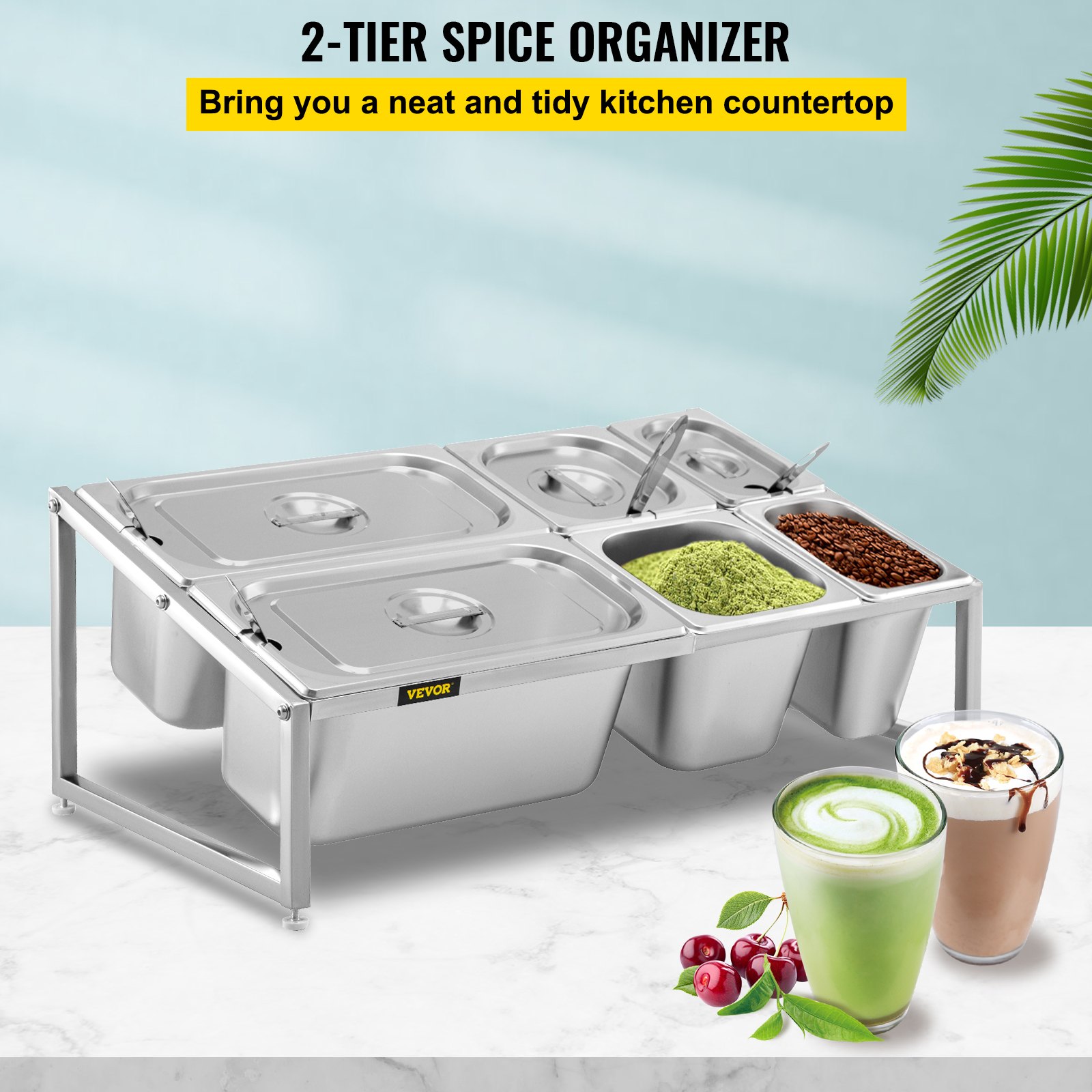 VEVOR Especiero extensible, 13.8"-23.6" ajustable, estante organizador de acero inoxidable de 2 niveles con 2 1/9 sartenes 2 1/6 sartenes 2 1/3 sartenes 6 cucharones, soporte inclinado para encimera para ingredientes de salsa frutas