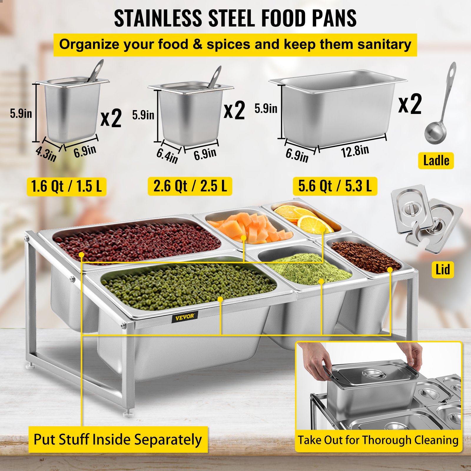 VEVOR Especiero extensible, 13.8"-23.6" ajustable, estante organizador de acero inoxidable de 2 niveles con 2 1/9 sartenes 2 1/6 sartenes 2 1/3 sartenes 6 cucharones, soporte inclinado para encimera para ingredientes de salsa frutas