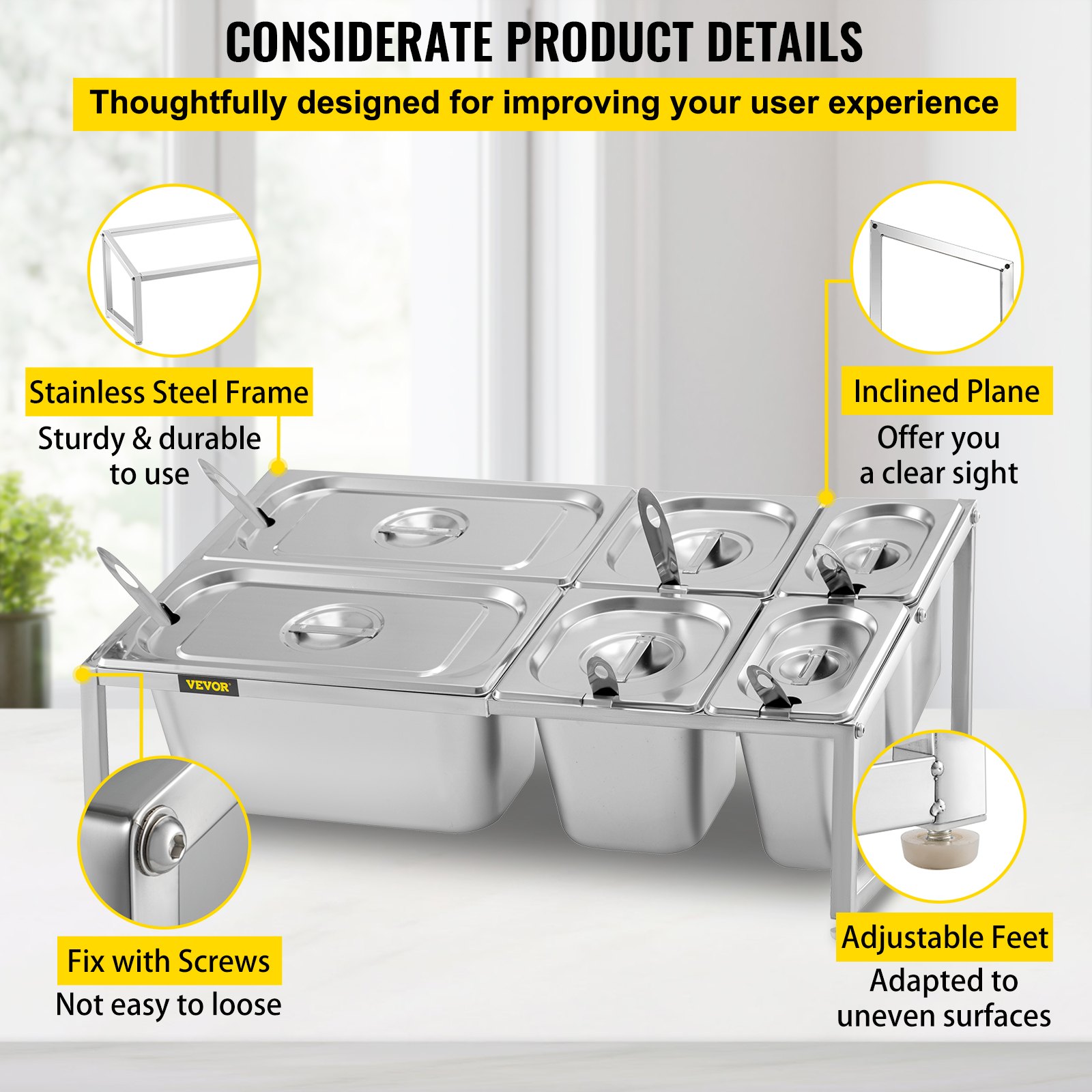 VEVOR Especiero extensible, 13.8"-23.6" ajustable, estante organizador de acero inoxidable de 2 niveles con 2 1/9 sartenes 2 1/6 sartenes 2 1/3 sartenes 6 cucharones, soporte inclinado para encimera para ingredientes de salsa frutas