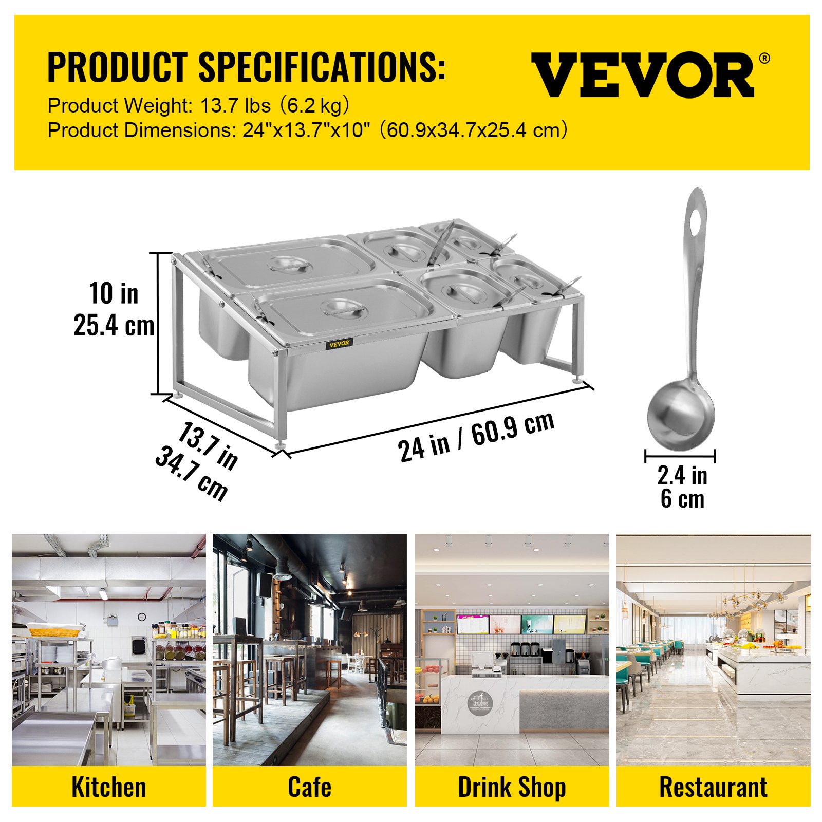 VEVOR Especiero extensible, 13.8"-23.6" ajustable, estante organizador de acero inoxidable de 2 niveles con 2 1/9 sartenes 2 1/6 sartenes 2 1/3 sartenes 6 cucharones, soporte inclinado para encimera para ingredientes de salsa frutas
