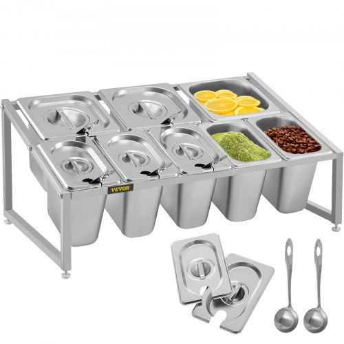 VEVOR Especiero extensible, 13.8"-23.6" ajustable, estante organizador de acero inoxidable de 2 niveles con 5 1/9 sartenes 3 1/6 sartenes, soporte inclinado de encimera resistente para ingredientes de salsa, frutas, restaurantes