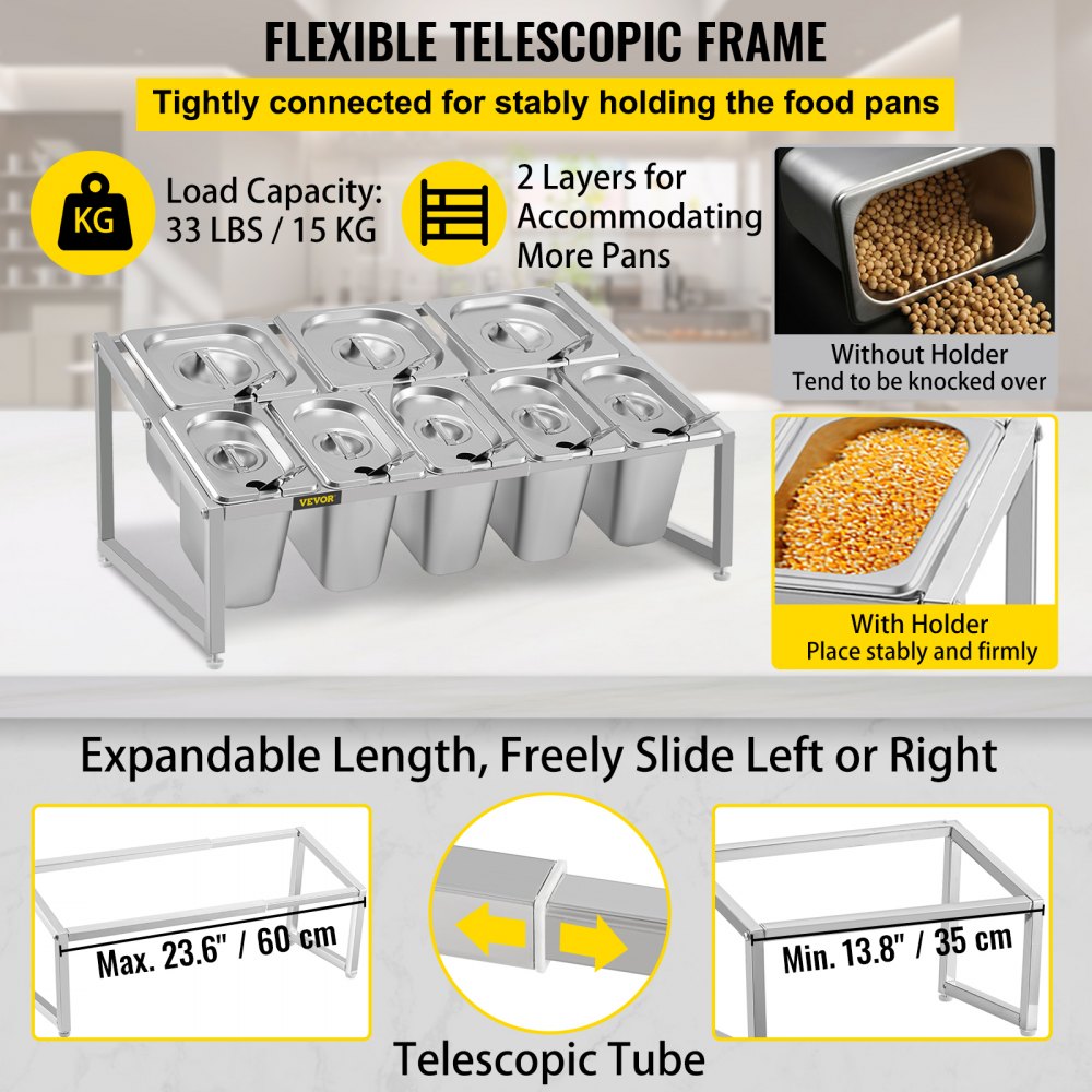 VEVOR Especiero extensible, 13.8"-23.6" ajustable, estante organizador de acero inoxidable de 2 niveles con 5 1/9 sartenes 3 1/6 sartenes, soporte inclinado de encimera resistente para ingredientes de salsa, frutas, restaurantes