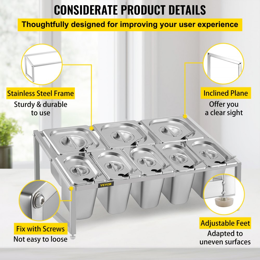 VEVOR Especiero extensible, 13.8"-23.6" ajustable, estante organizador de acero inoxidable de 2 niveles con 5 1/9 sartenes 3 1/6 sartenes, soporte inclinado de encimera resistente para ingredientes de salsa, frutas, restaurantes