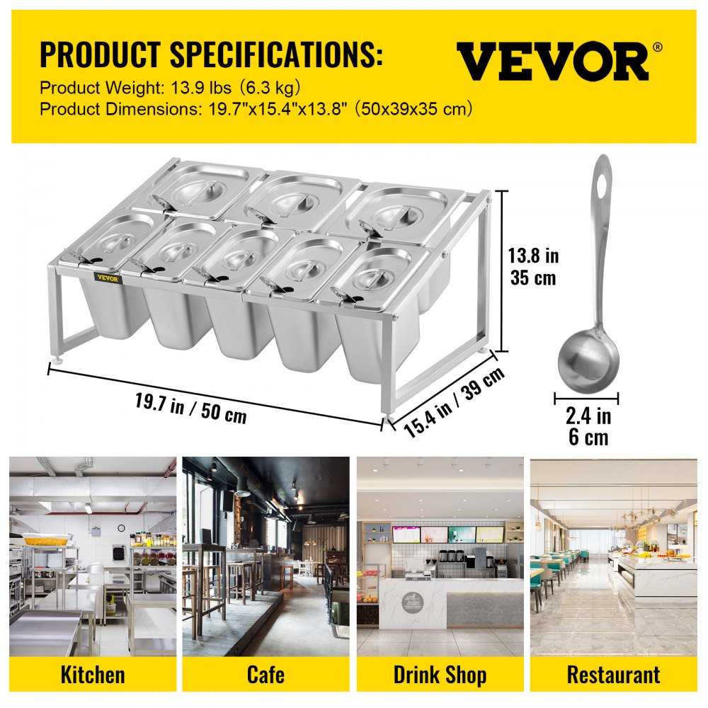 VEVOR Especiero extensible, 13.8"-23.6" ajustable, estante organizador de acero inoxidable de 2 niveles con 5 1/9 sartenes 3 1/6 sartenes, soporte inclinado de encimera resistente para ingredientes de salsa, frutas, restaurantes