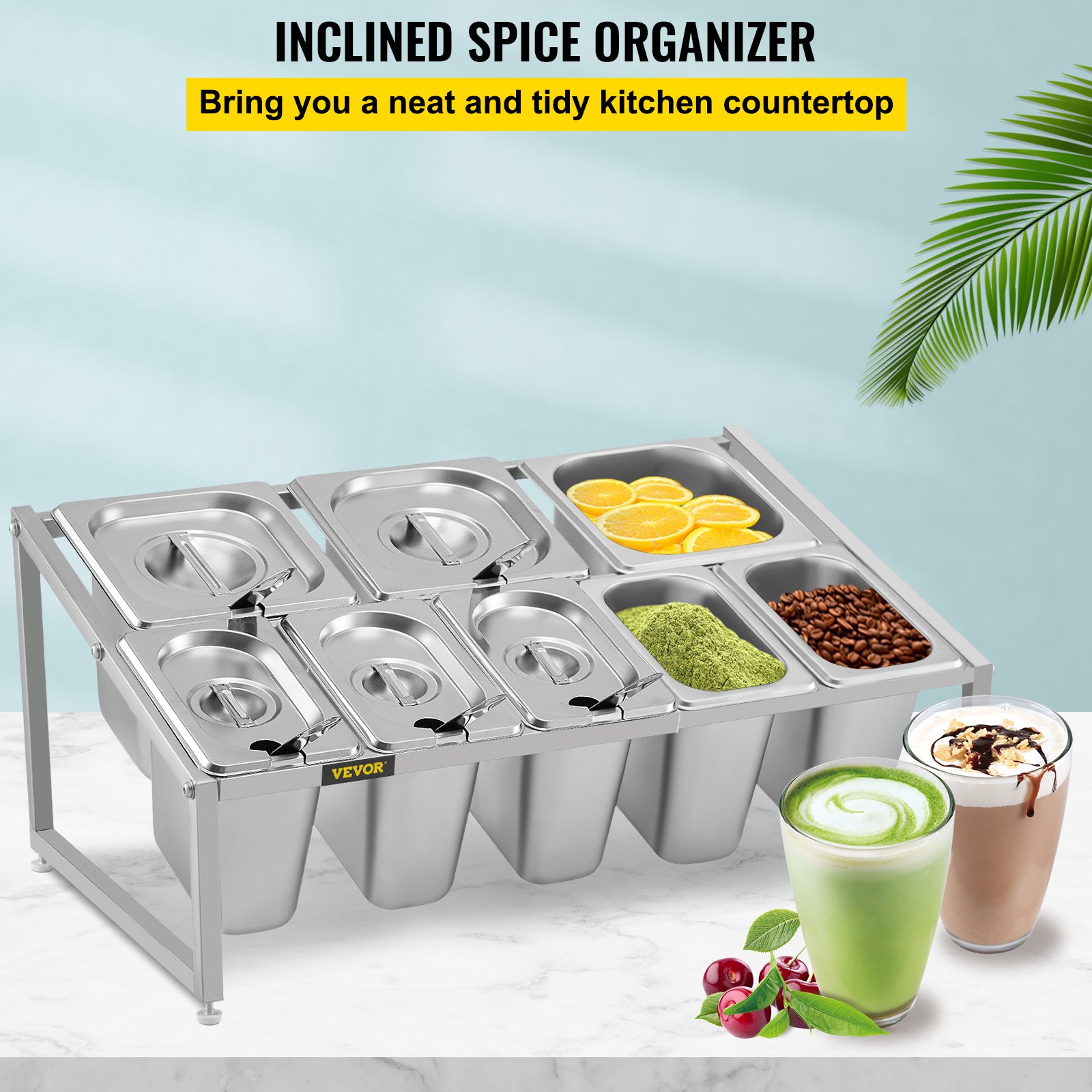 VEVOR Especiero extensible, 13.8"-23.6" ajustable, estante organizador de acero inoxidable de 2 niveles con 5 1/9 sartenes 3 1/6 sartenes, soporte inclinado de encimera resistente para ingredientes de salsa, frutas, restaurantes