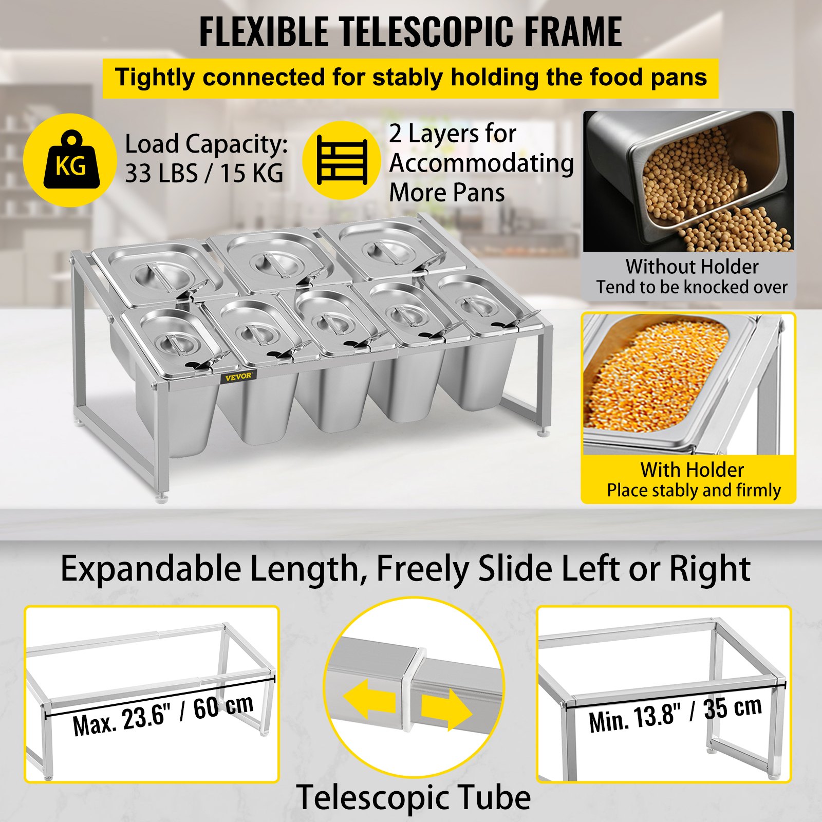 VEVOR Especiero extensible, 13.8"-23.6" ajustable, estante organizador de acero inoxidable de 2 niveles con 5 1/9 sartenes 3 1/6 sartenes, soporte inclinado de encimera resistente para ingredientes de salsa, frutas, restaurantes