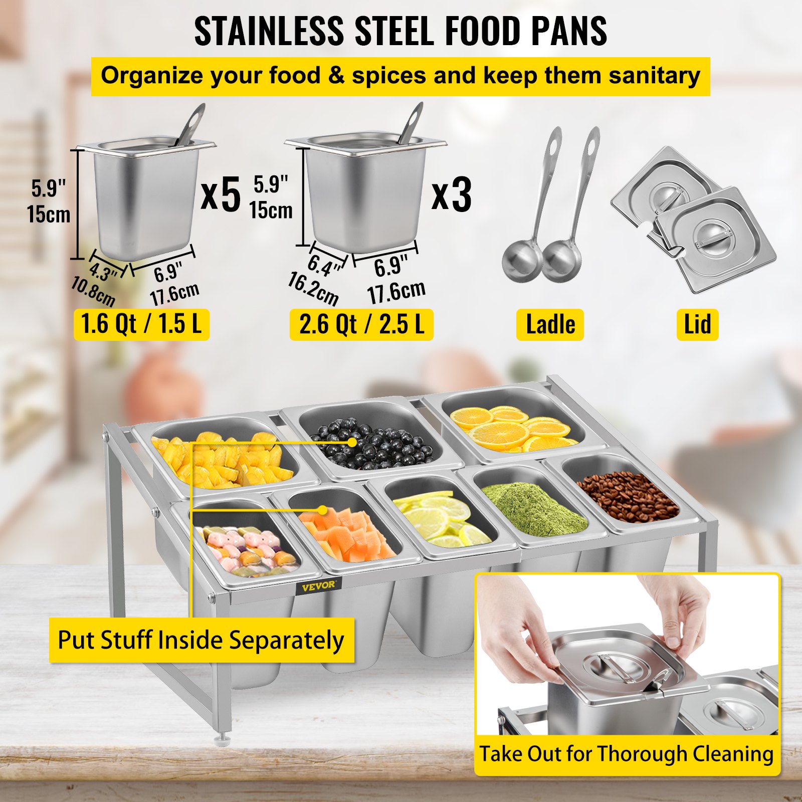 VEVOR Especiero extensible, 13.8"-23.6" ajustable, estante organizador de acero inoxidable de 2 niveles con 5 1/9 sartenes 3 1/6 sartenes, soporte inclinado de encimera resistente para ingredientes de salsa, frutas, restaurantes