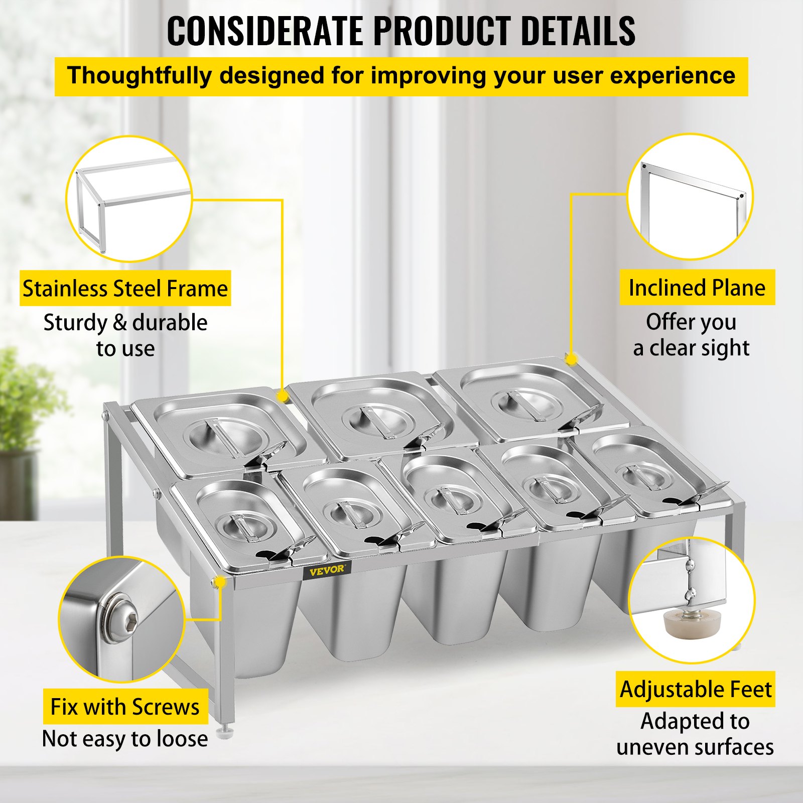 VEVOR Especiero extensible, 13.8"-23.6" ajustable, estante organizador de acero inoxidable de 2 niveles con 5 1/9 sartenes 3 1/6 sartenes, soporte inclinado de encimera resistente para ingredientes de salsa, frutas, restaurantes