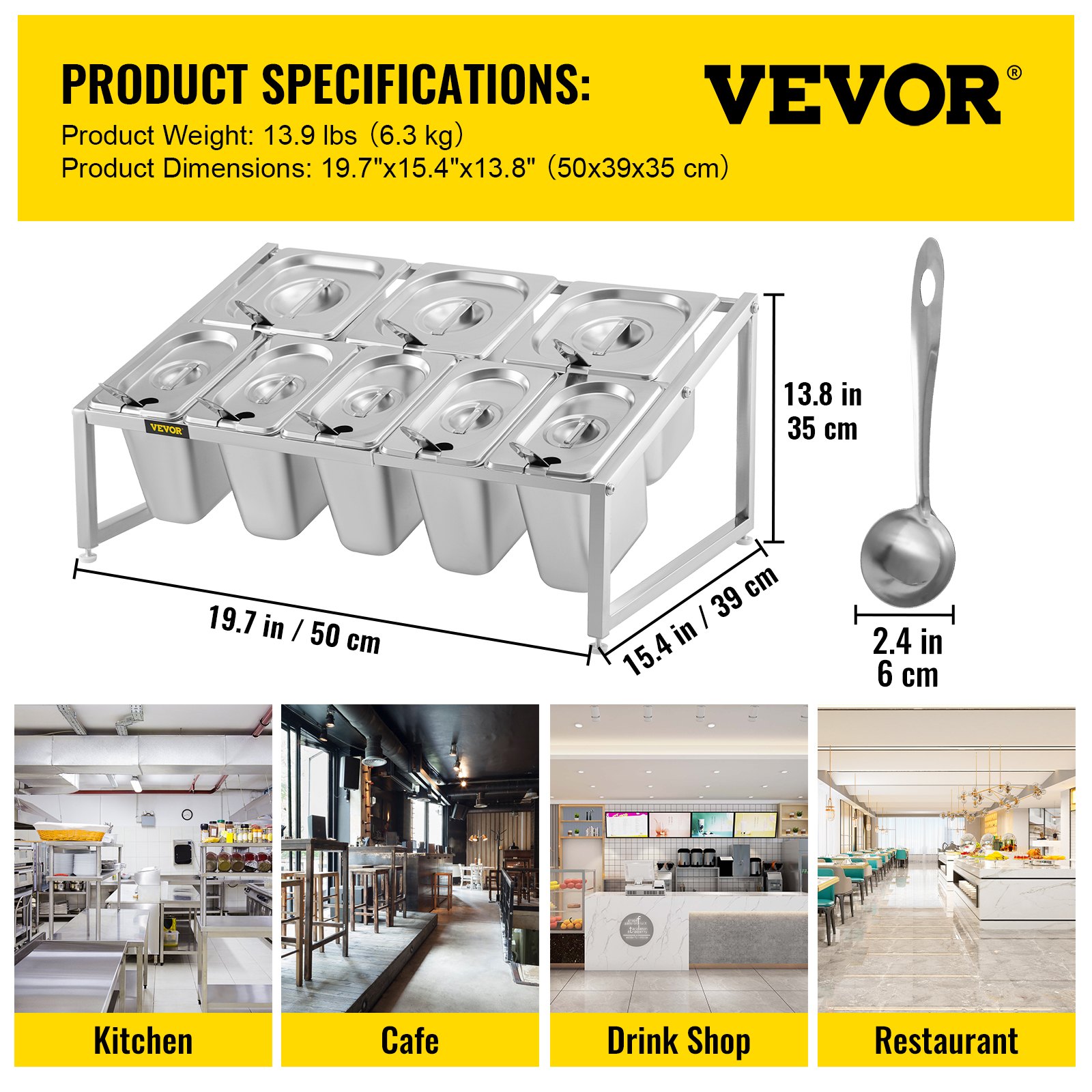VEVOR Especiero extensible, 13.8"-23.6" ajustable, estante organizador de acero inoxidable de 2 niveles con 5 1/9 sartenes 3 1/6 sartenes, soporte inclinado de encimera resistente para ingredientes de salsa, frutas, restaurantes