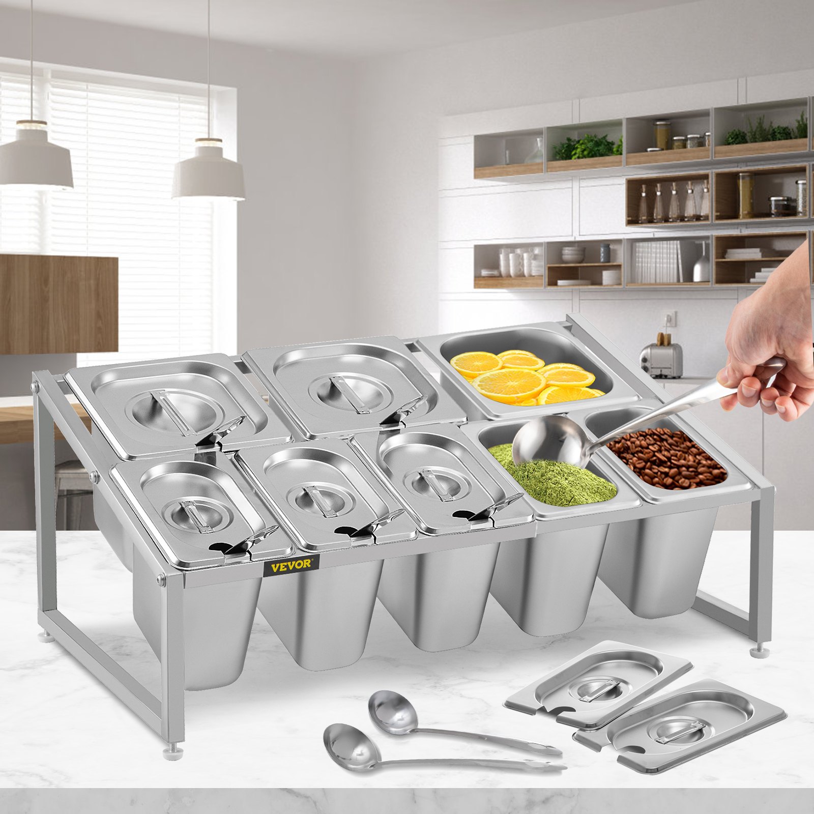 VEVOR Especiero extensible, 13.8"-23.6" ajustable, estante organizador de acero inoxidable de 2 niveles con 5 1/9 sartenes 3 1/6 sartenes, soporte inclinado de encimera resistente para ingredientes de salsa, frutas, restaurantes