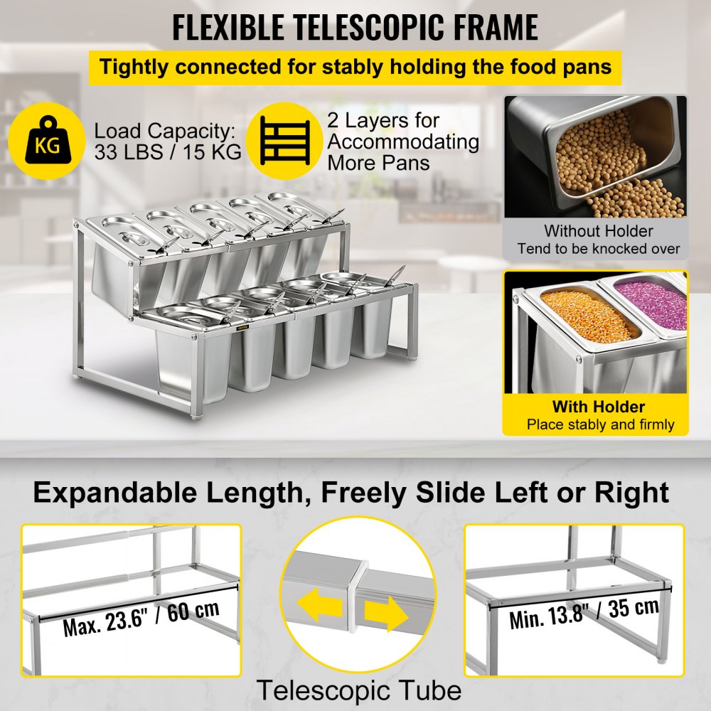 Marco telescópico flexible con especiero extensible VEVOR, acero inoxidable, 2 capas.