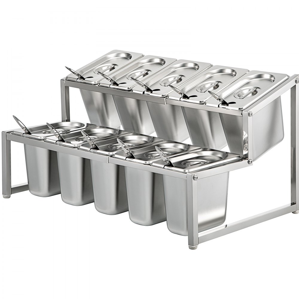 Estante de especias expandible VEVOR de acero inoxidable con múltiples recipientes y cucharas.