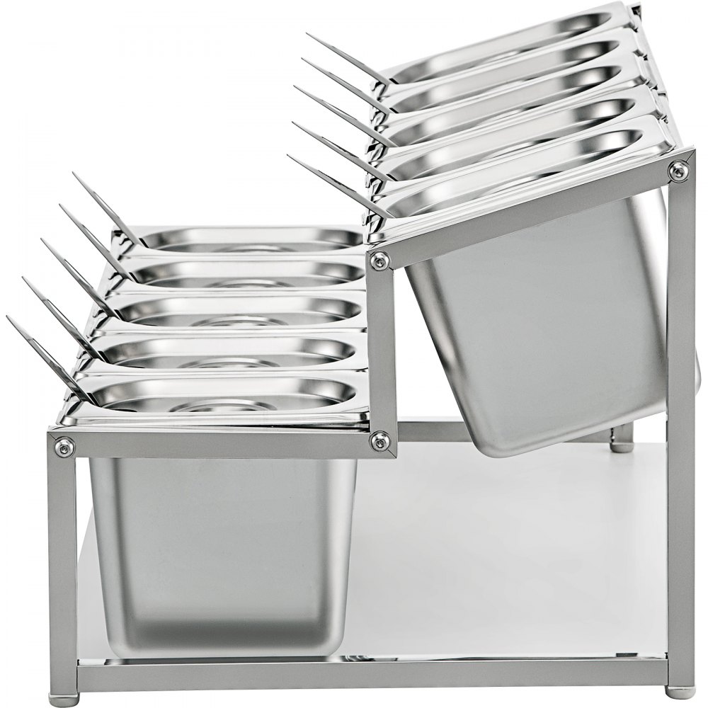 Estante para especias expandible VEVOR de acero inoxidable con bandejas y contenedores inclinados.