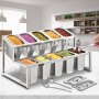 Estante de especias expandible VEVOR con diversas especias e ingredientes en una cocina moderna.