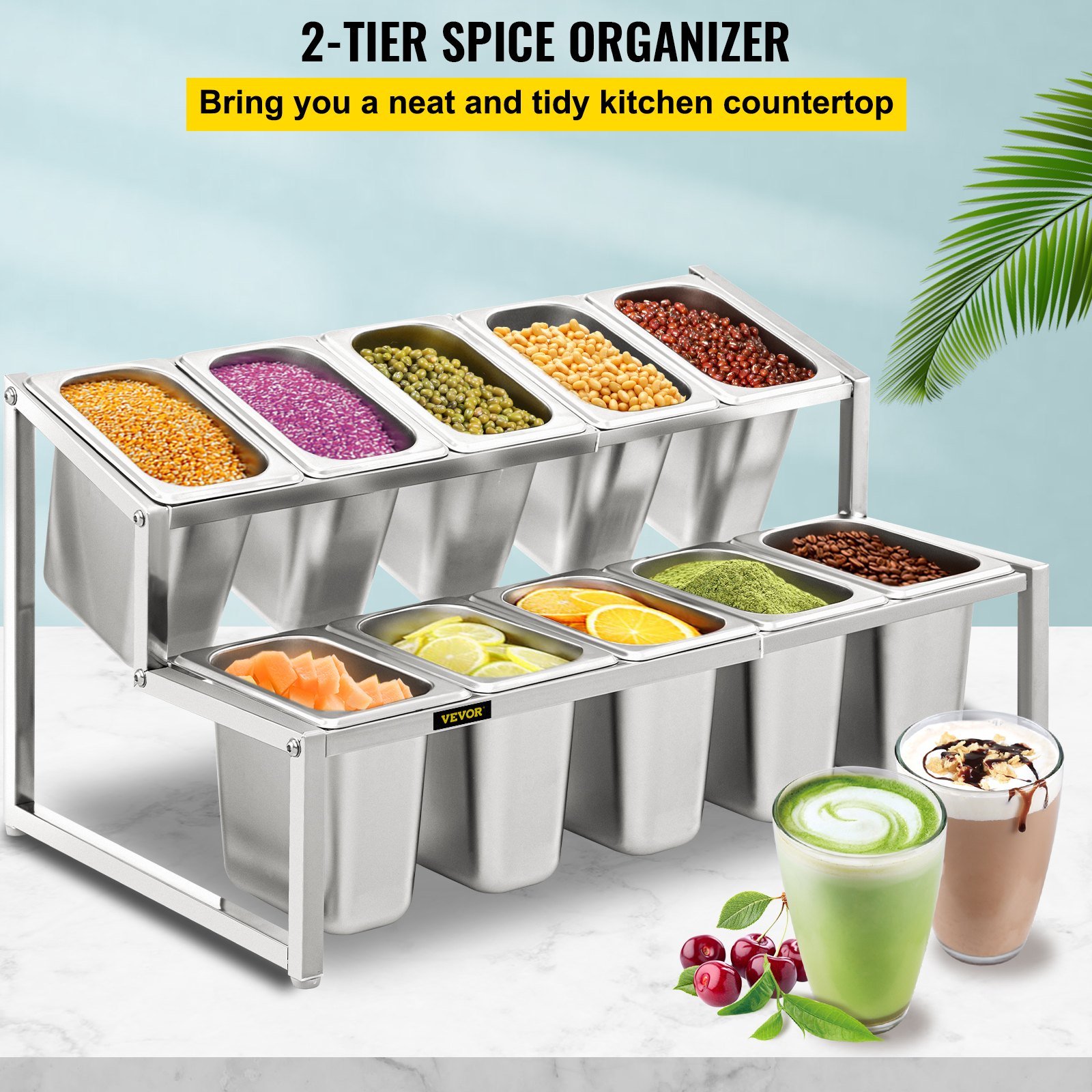 Estante de especias expandible VEVOR con diversos alimentos en recipientes de acero inoxidable.