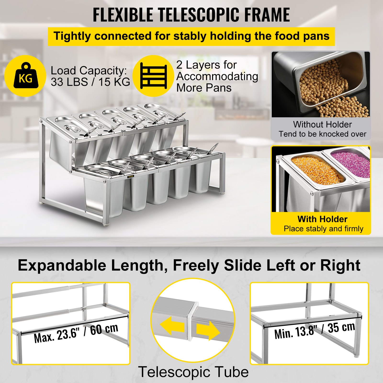 Marco telescópico flexible con especiero extensible VEVOR, acero inoxidable, 2 capas.