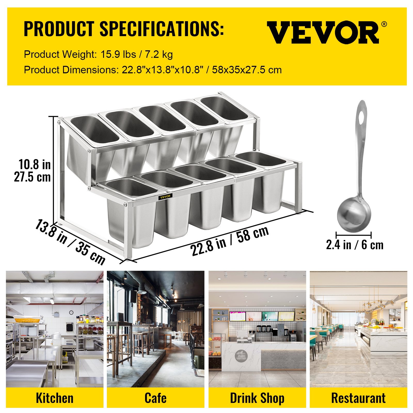 Estante para especias expandible VEVOR con dimensiones y aplicaciones para cocina, cafetería y restaurante.