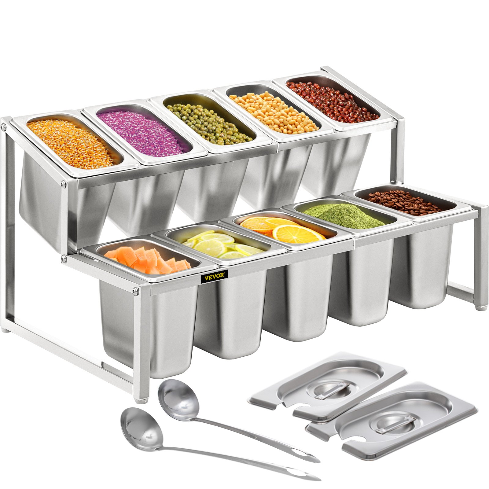 Estante de especias expandible VEVOR con recipientes de acero inoxidable y especias variadas.