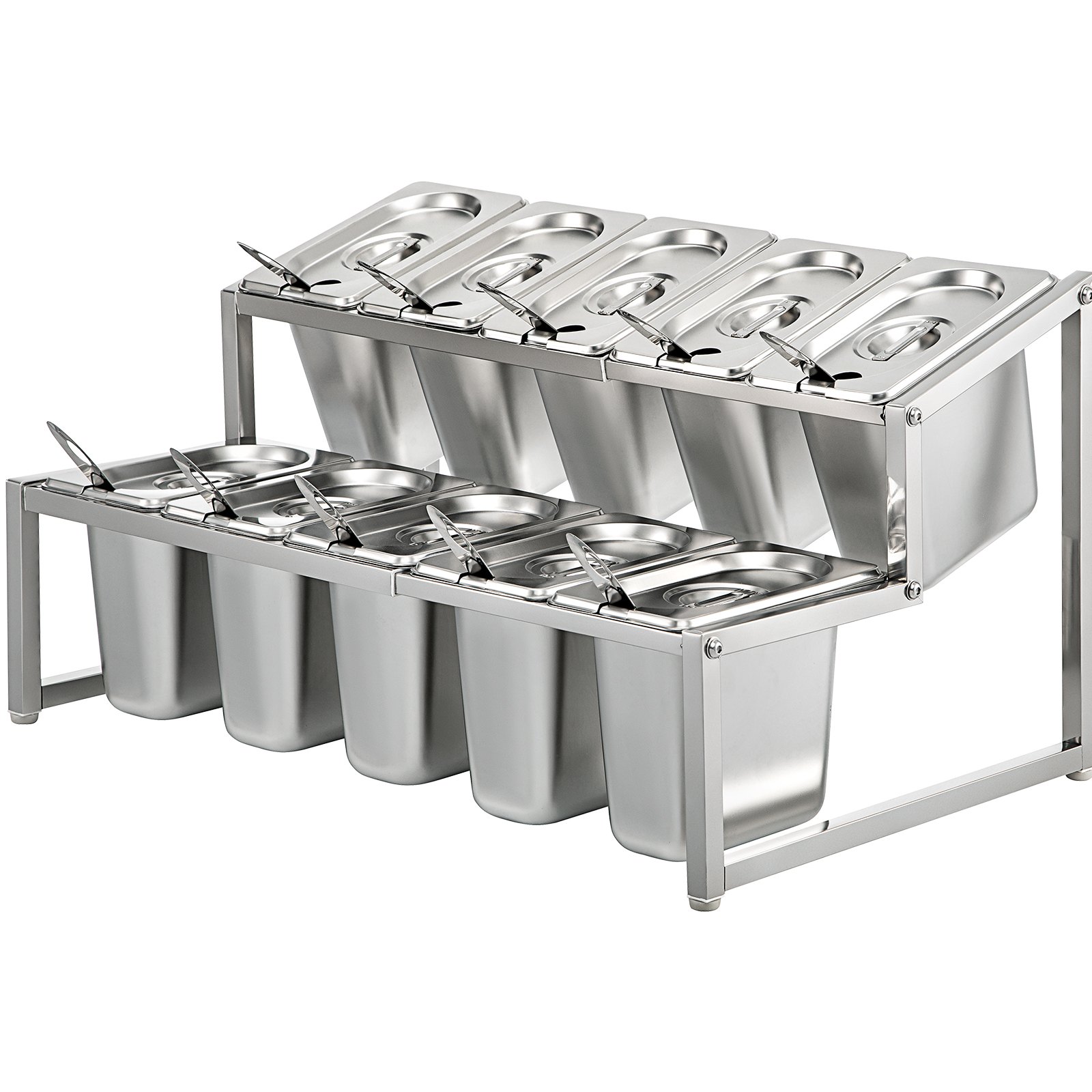 Estante de especias expandible VEVOR de acero inoxidable con múltiples recipientes y cucharas.