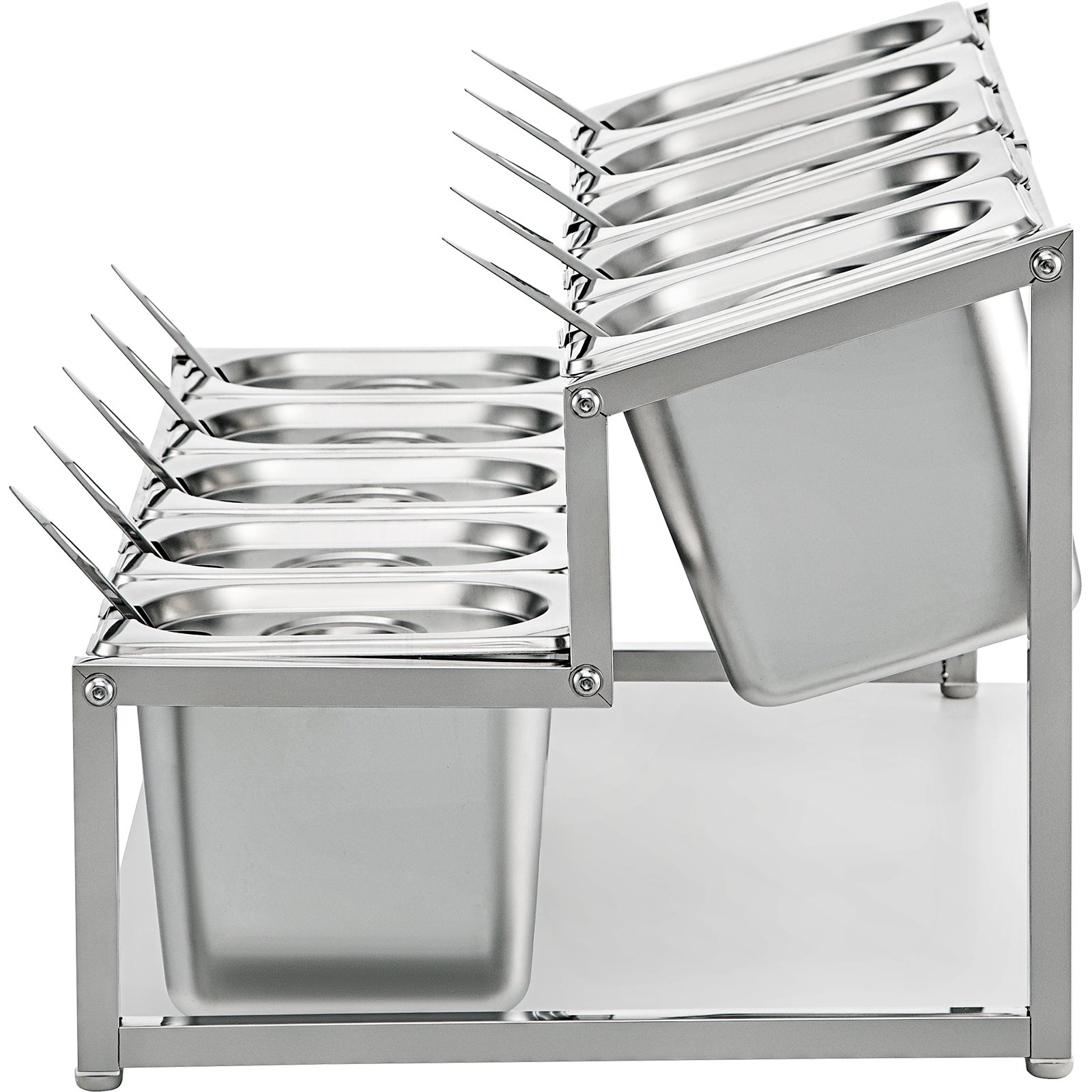 Estante para especias expandible VEVOR de acero inoxidable con bandejas y contenedores inclinados.