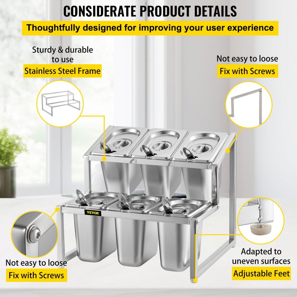 VEVOR Especiero extensible, 13.8"-23.6" ajustable, estante organizador de acero inoxidable de 2 niveles con 6 1/9 sartenes 6 cucharones, soporte inclinado para encimera para ingredientes de salsa, frutas, para uso en despensa de cocina