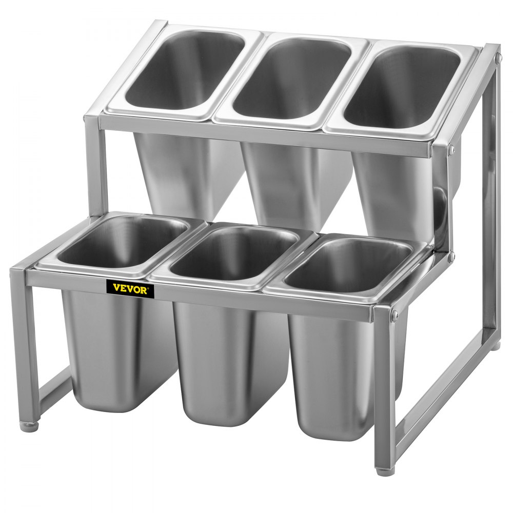 VEVOR Especiero extensible, 13.8"-23.6" ajustable, estante organizador de acero inoxidable de 2 niveles con 6 1/9 sartenes 6 cucharones, soporte inclinado para encimera para ingredientes de salsa, frutas, para uso en despensa de cocina