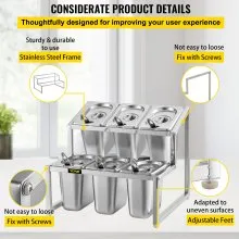 VEVOR Especiero extensible, 13.8"-23.6" ajustable, estante organizador de acero inoxidable de 2 niveles con 6 1/9 sartenes 6 cucharones, soporte inclinado para encimera para ingredientes de salsa, frutas, para uso en despensa de cocina