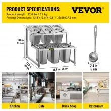 VEVOR Especiero extensible, 13.8"-23.6" ajustable, estante organizador de acero inoxidable de 2 niveles con 6 1/9 sartenes 6 cucharones, soporte inclinado para encimera para ingredientes de salsa, frutas, para uso en despensa de cocina
