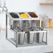 VEVOR Especiero extensible, 13.8"-23.6" ajustable, estante organizador de acero inoxidable de 2 niveles con 6 1/9 sartenes 6 cucharones, soporte inclinado para encimera para ingredientes de salsa, frutas, para uso en despensa de cocina