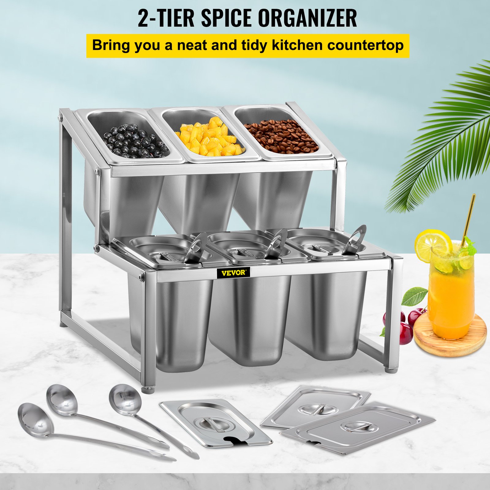 VEVOR Especiero extensible, 13.8"-23.6" ajustable, estante organizador de acero inoxidable de 2 niveles con 6 1/9 sartenes 6 cucharones, soporte inclinado para encimera para ingredientes de salsa, frutas, para uso en despensa de cocina