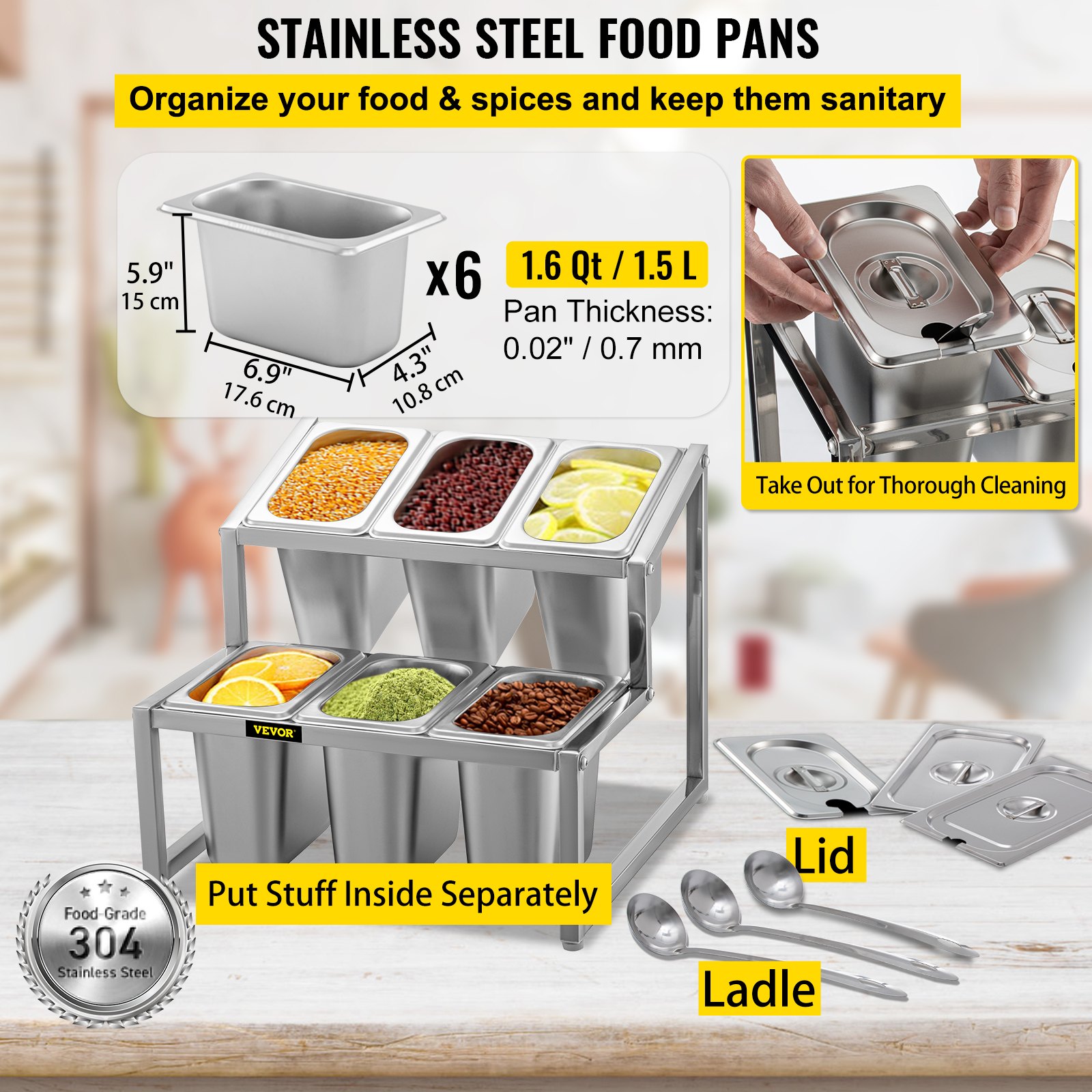 VEVOR Especiero extensible, 13.8"-23.6" ajustable, estante organizador de acero inoxidable de 2 niveles con 6 1/9 sartenes 6 cucharones, soporte inclinado para encimera para ingredientes de salsa, frutas, para uso en despensa de cocina