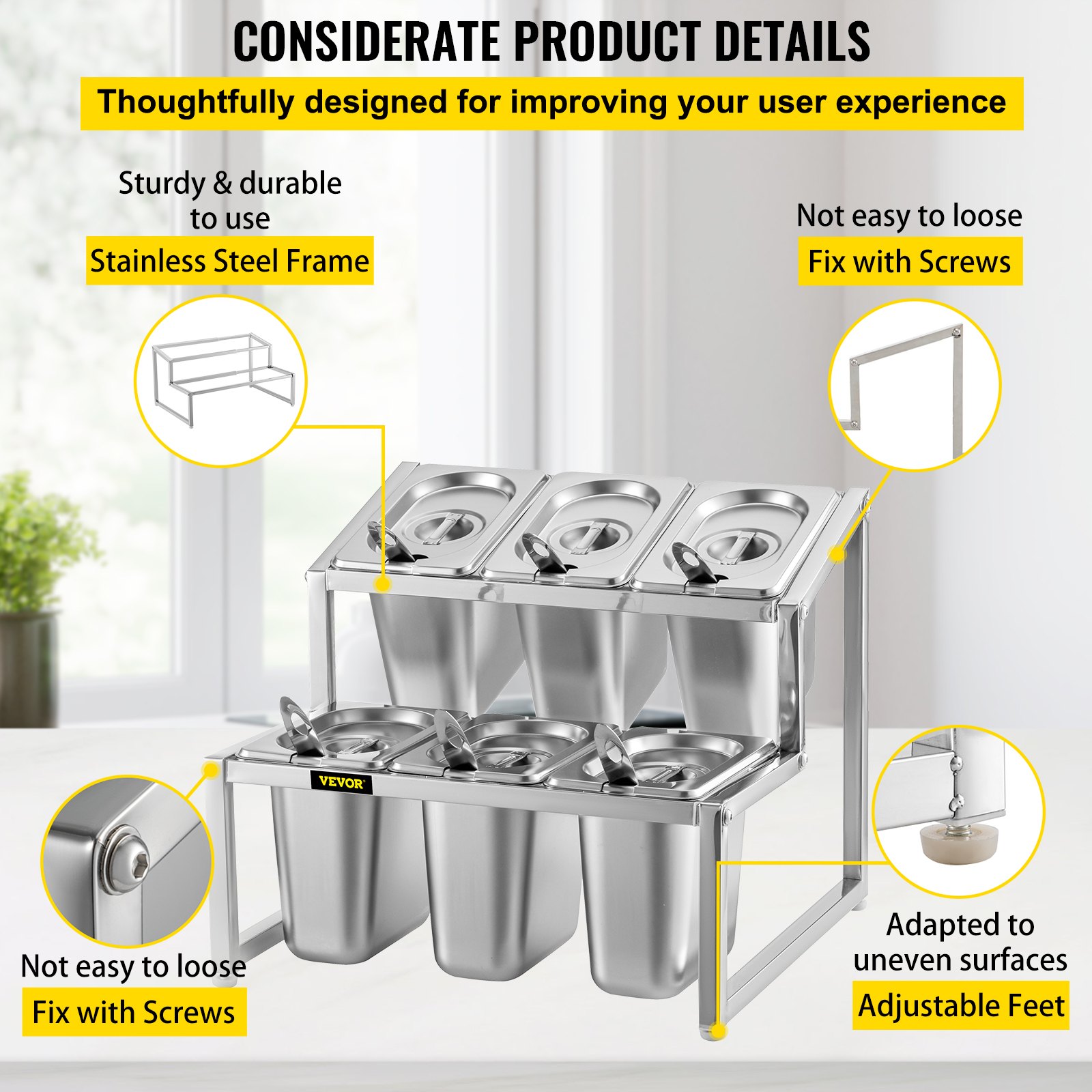 VEVOR Especiero extensible, 13.8"-23.6" ajustable, estante organizador de acero inoxidable de 2 niveles con 6 1/9 sartenes 6 cucharones, soporte inclinado para encimera para ingredientes de salsa, frutas, para uso en despensa de cocina