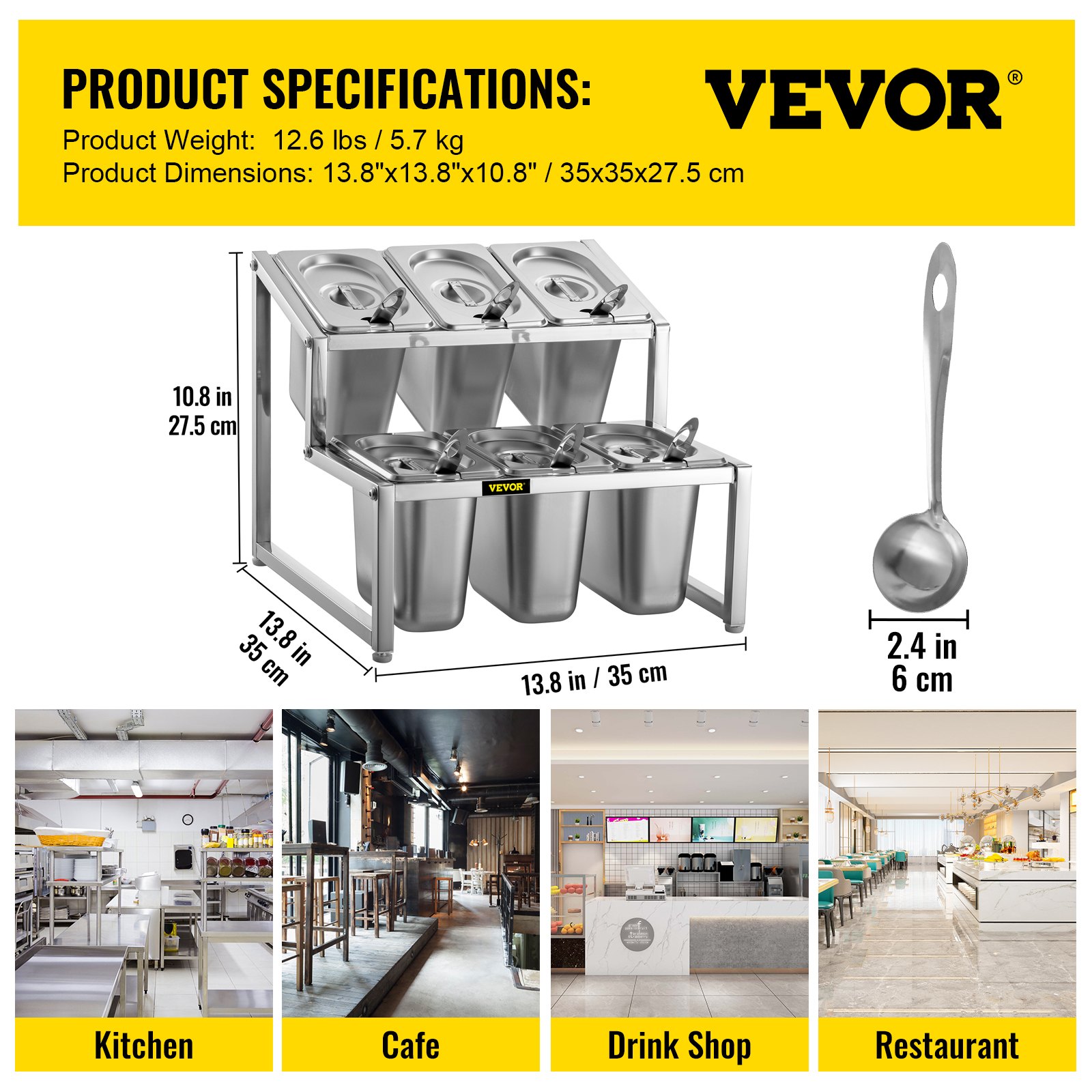 VEVOR Especiero extensible, 13.8"-23.6" ajustable, estante organizador de acero inoxidable de 2 niveles con 6 1/9 sartenes 6 cucharones, soporte inclinado para encimera para ingredientes de salsa, frutas, para uso en despensa de cocina