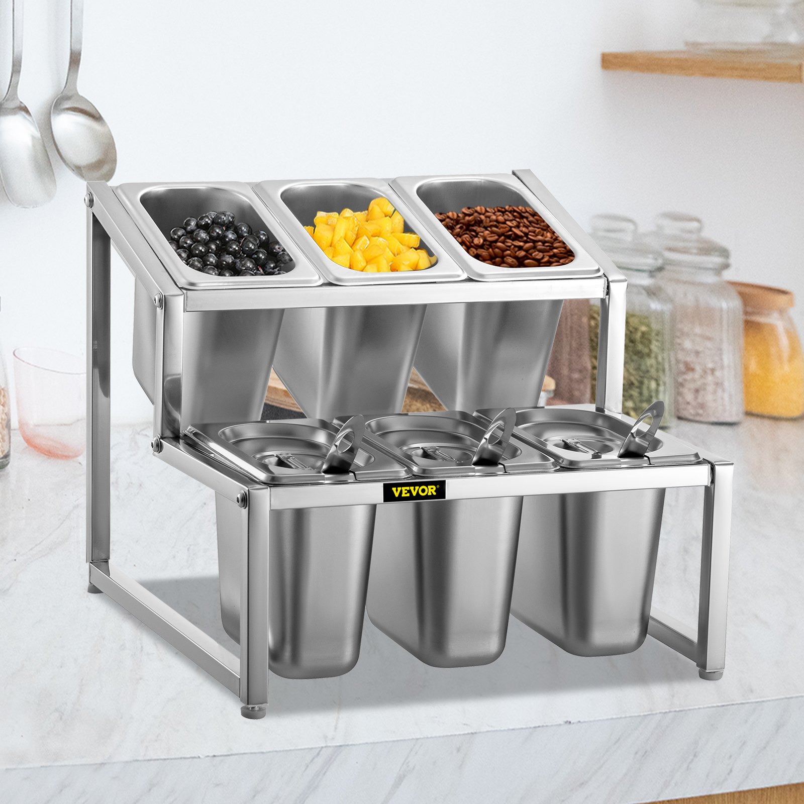 VEVOR Especiero extensible, 13.8"-23.6" ajustable, estante organizador de acero inoxidable de 2 niveles con 6 1/9 sartenes 6 cucharones, soporte inclinado para encimera para ingredientes de salsa, frutas, para uso en despensa de cocina