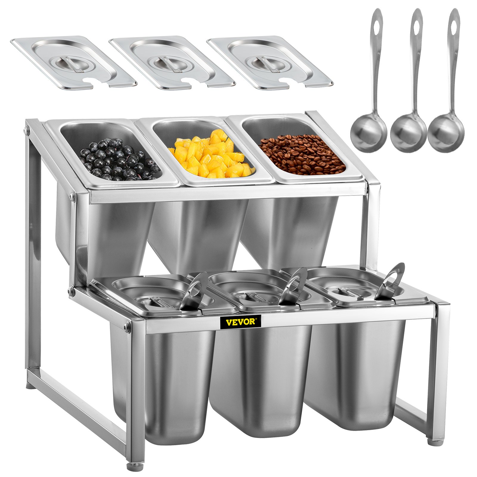 VEVOR Especiero extensible, 13.8"-23.6" ajustable, estante organizador de acero inoxidable de 2 niveles con 6 1/9 sartenes 6 cucharones, soporte inclinado para encimera para ingredientes de salsa, frutas, para uso en despensa de cocina