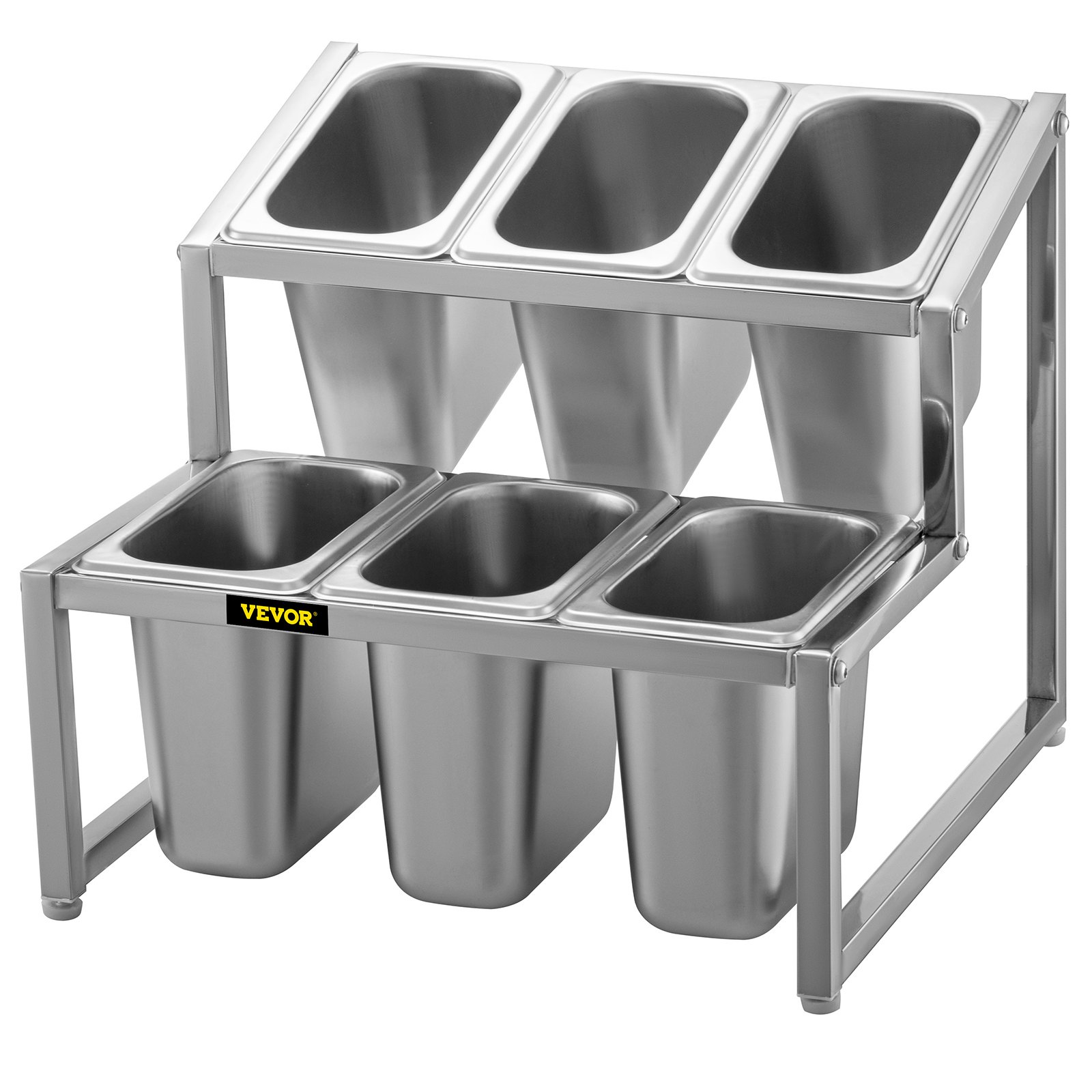VEVOR Especiero extensible, 13.8"-23.6" ajustable, estante organizador de acero inoxidable de 2 niveles con 6 1/9 sartenes 6 cucharones, soporte inclinado para encimera para ingredientes de salsa, frutas, para uso en despensa de cocina