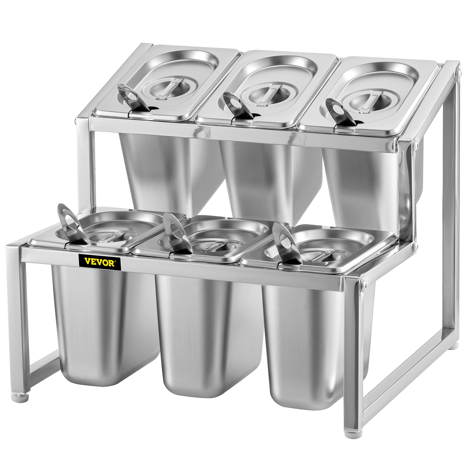 VEVOR Especiero extensible, 13.8"-23.6" ajustable, estante organizador de acero inoxidable de 2 niveles con 6 1/9 sartenes 6 cucharones, soporte inclinado para encimera para ingredientes de salsa, frutas, para uso en despensa de cocina